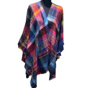Women's Shawl Poncho Cape Multicolor Plaid, Soft Warm Acrylic, One Size, EUC